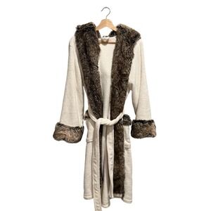 Pottery Barn Womens Ivory Faux Fur Trim Hooded Fleece Robe M/L